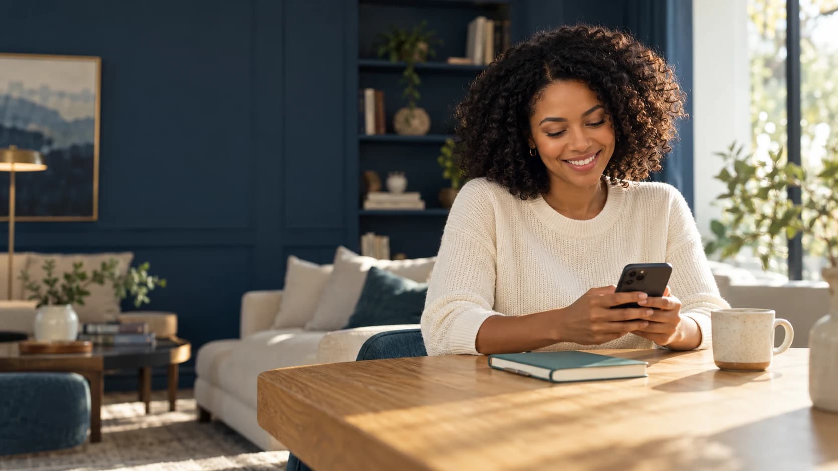 Woman using her phone at a table in a sunlit home