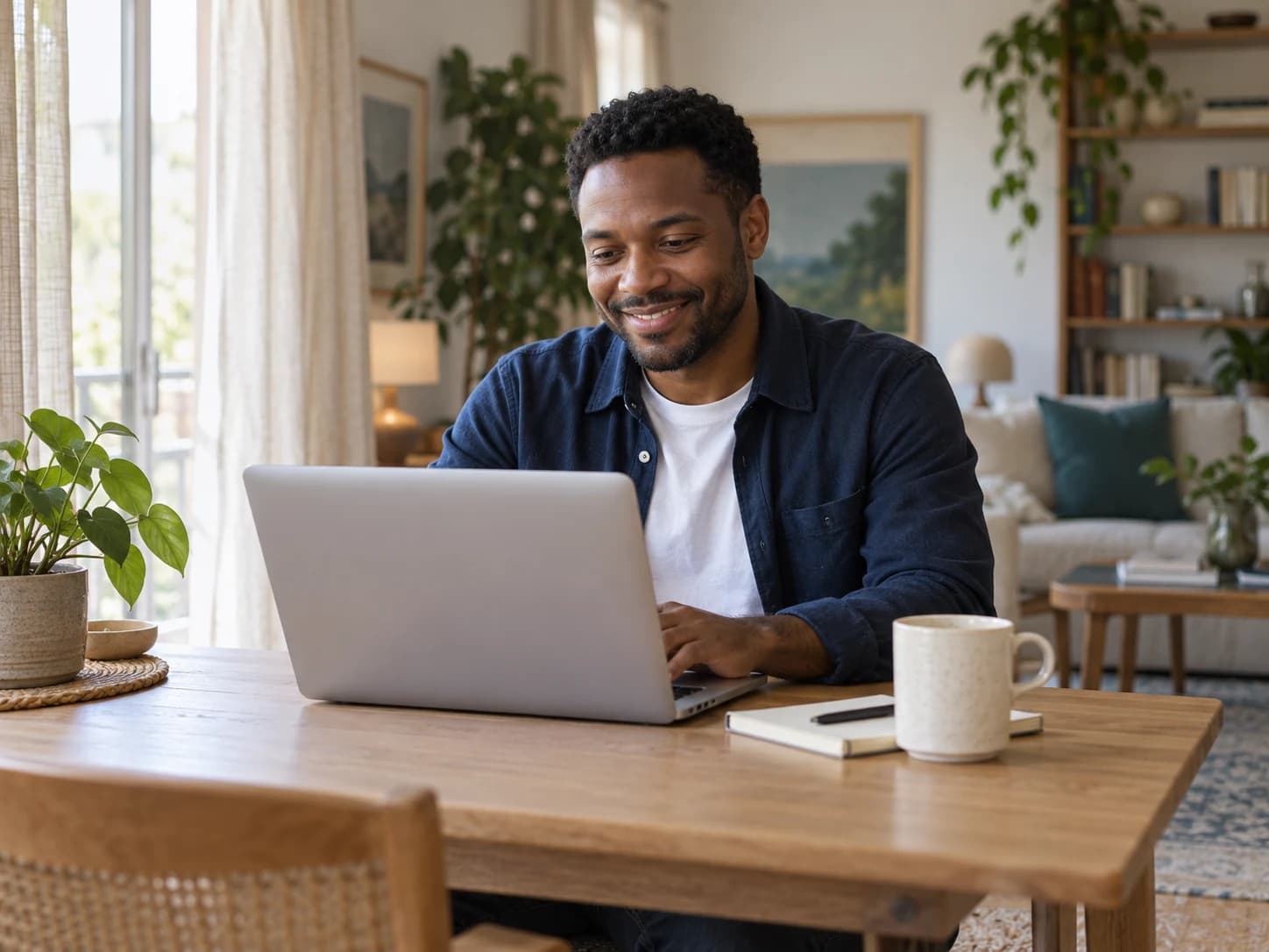 Man using a laptop at a desk in his sunlit home