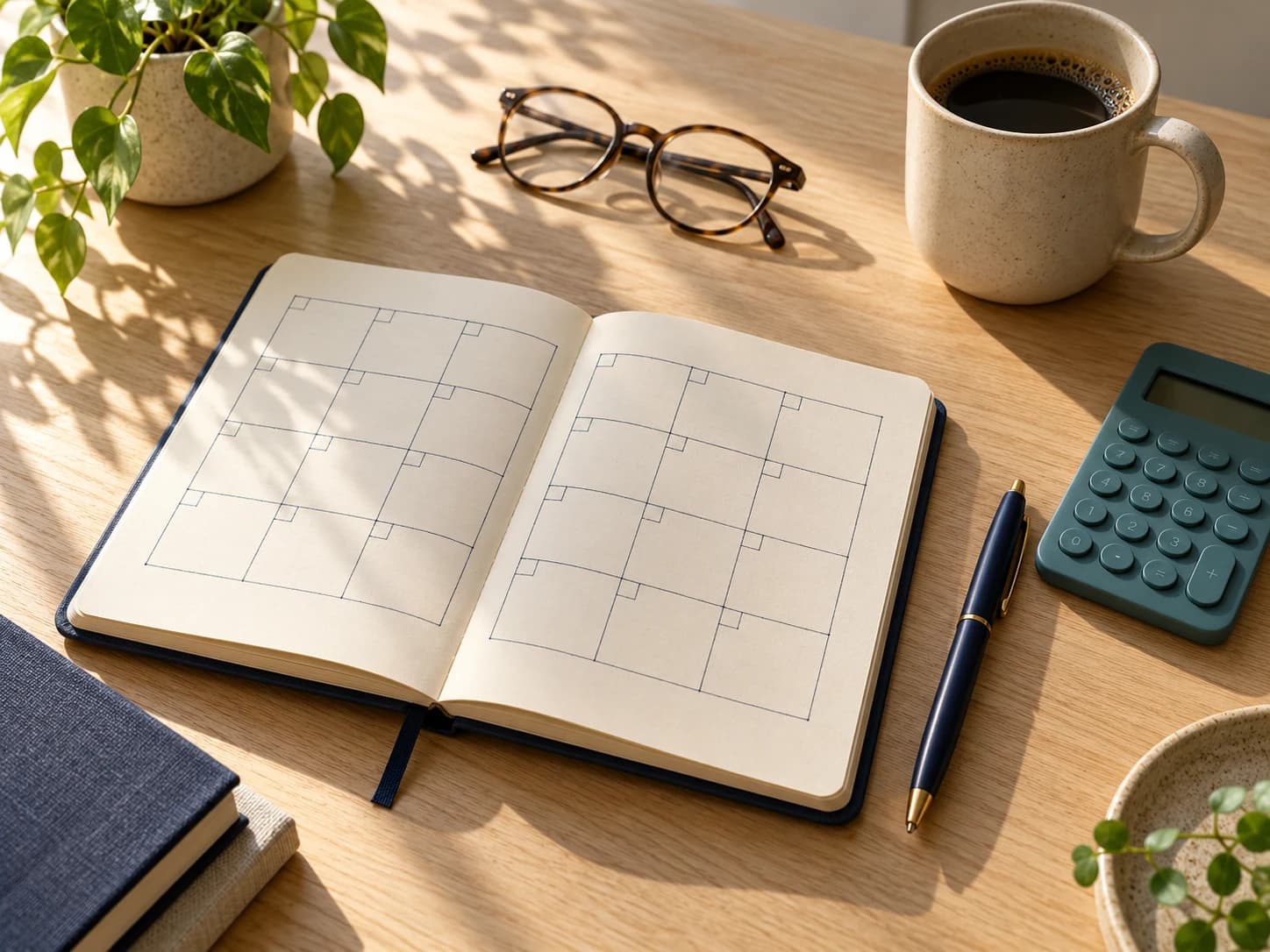 Notebook, calculator and coffee on a sunlit planning desk